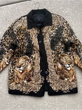 Vintage Mureli Silk Oversized Jacket Quilted Size Large Animal Print Lion 90s